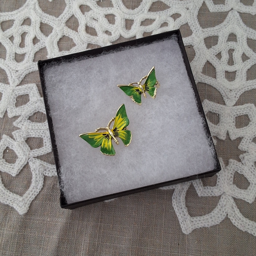 VTG Green and Yellow Butterfly Gold Brooch Set